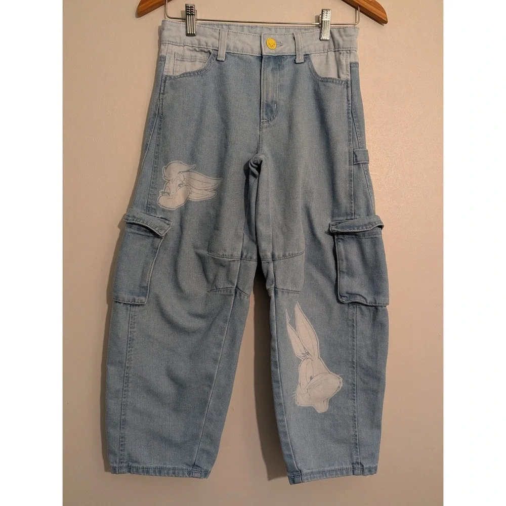 Justice Looney Tunes Kids Light Wash‎ Cargo Jeans Bugs Lola Bunny Blue Size 12